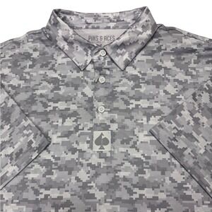 Pins & Aces Golf Polo Mens XL Grey Digital Camo Performance Stretch Short Sleeve